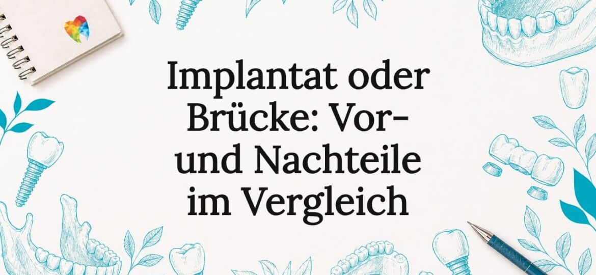 Anschaulicher Titelrahmen für Zahnarztpraxen mit Motiven von Implantaten und Brücken