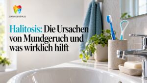 Zahnbürste und Zungenreiniger am Waschbecken