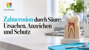 Zahnmodell zeigt durch Säure beschädigten Zahnschmelz
